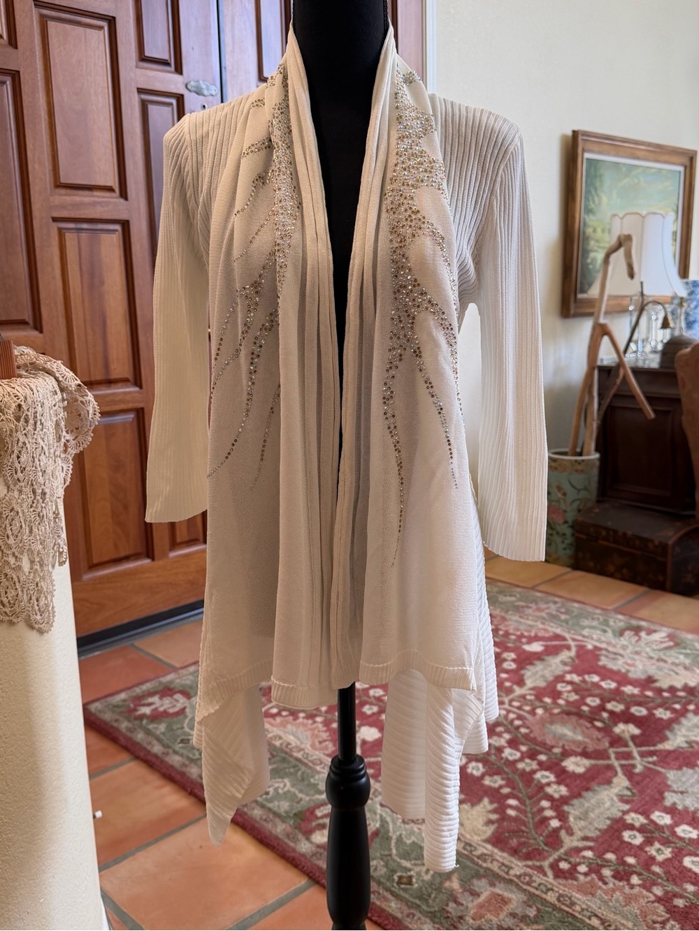 Orange Fashion Village Open Front White Long Sleeve Knit Cardigan Rhinestones M